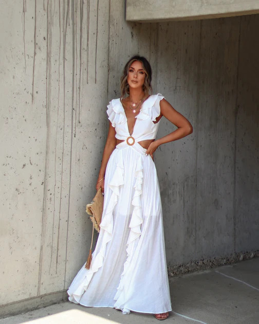 Whitestone Plunge Ruffle Maxi Dress - White | VICI