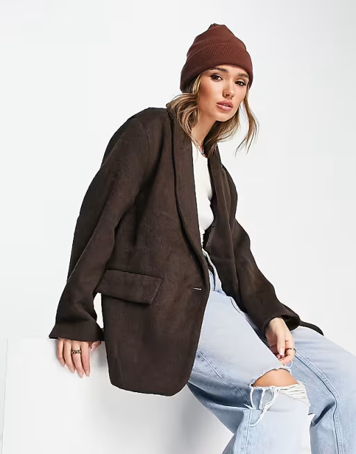ASOS DESIGN smart oversized grandad wool mix blazer jacket in chocolate | ASOS (Global)