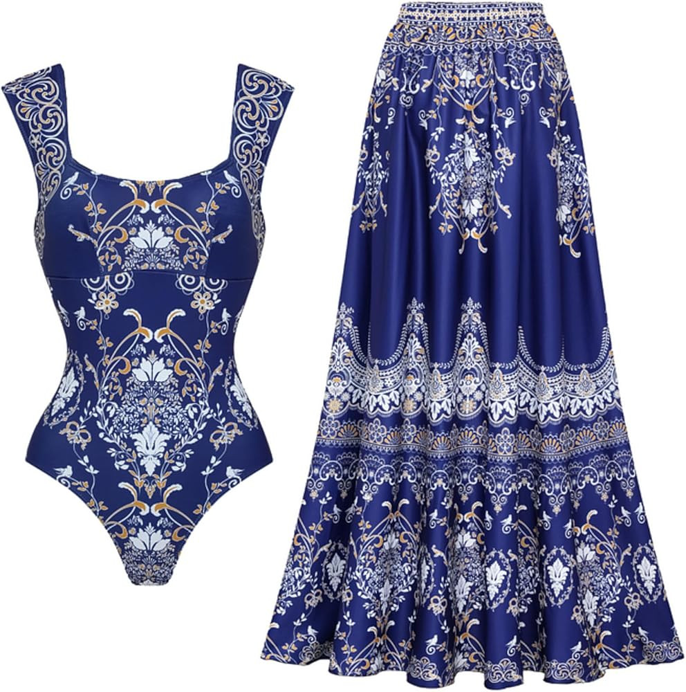 FLAXMAKER Women's One Piece Royal Blue Baroque Print Bathhing Suits Swimsuit and Skirt | Amazon (US)