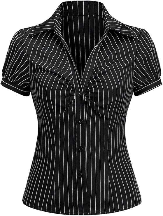 SweatyRocks Women's Striped Button Down Shirt Ruched Short Sleeve Fitted Work Business Blouses | Amazon (US)