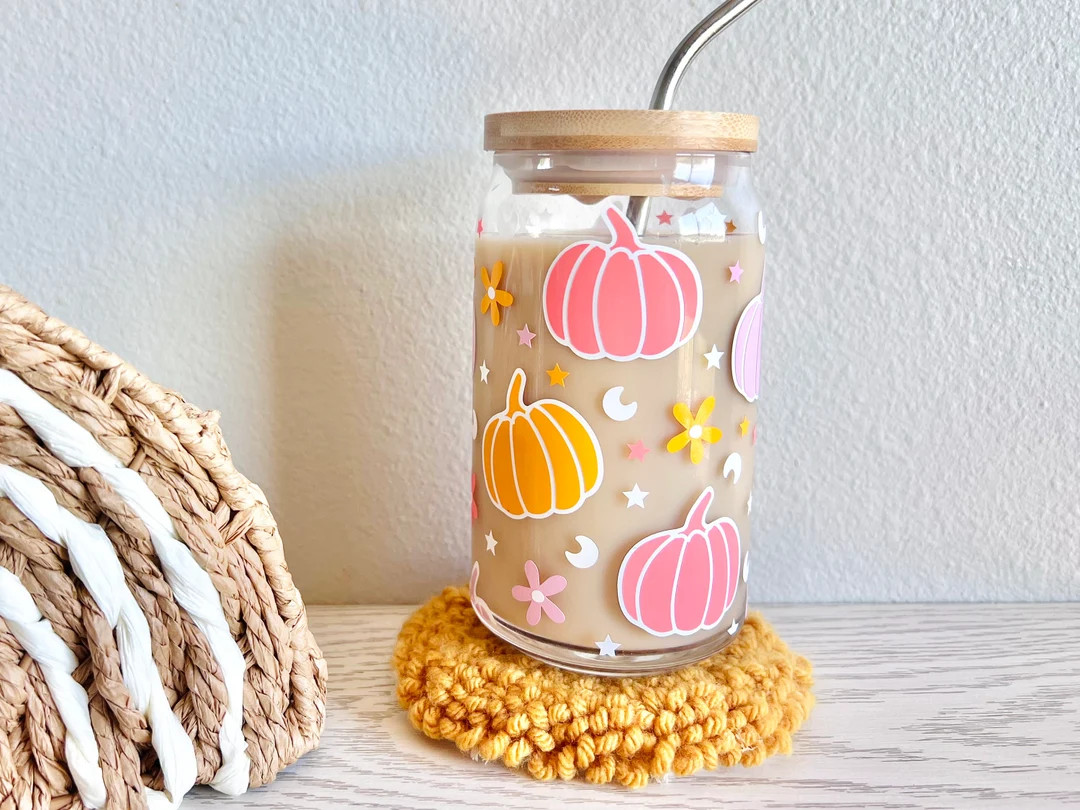 Pastel Pumpkin Glass Can, Halloween Glass Cup, Fall Glassware, Pumpkin Glass, Halloween Glassware... | Etsy (US)