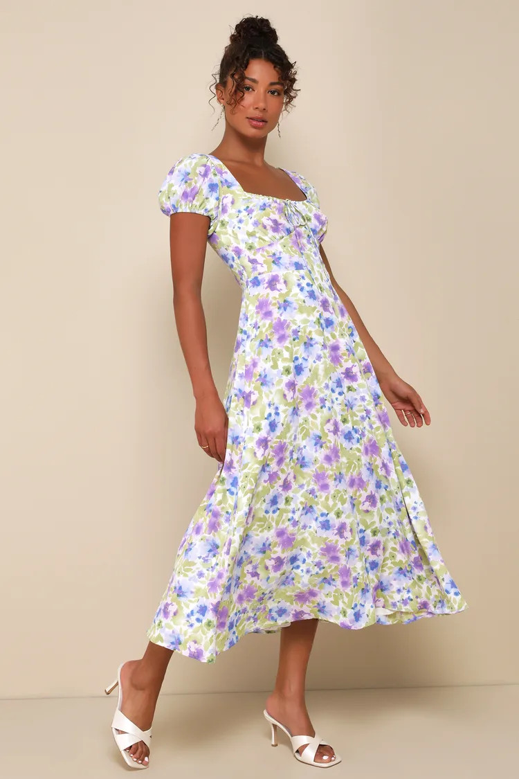Flourishing Perfection White Multi Floral Puff Sleeve Midi Dress | Lulus