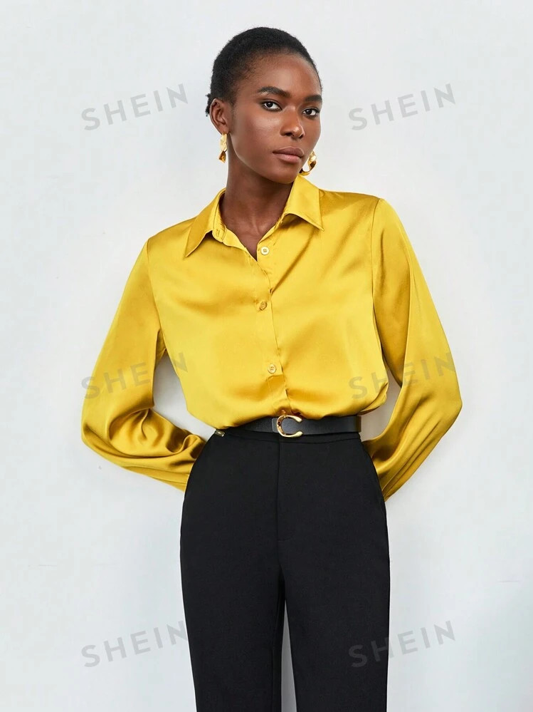 Maija Solid Button Front Satin Shirt | SHEIN