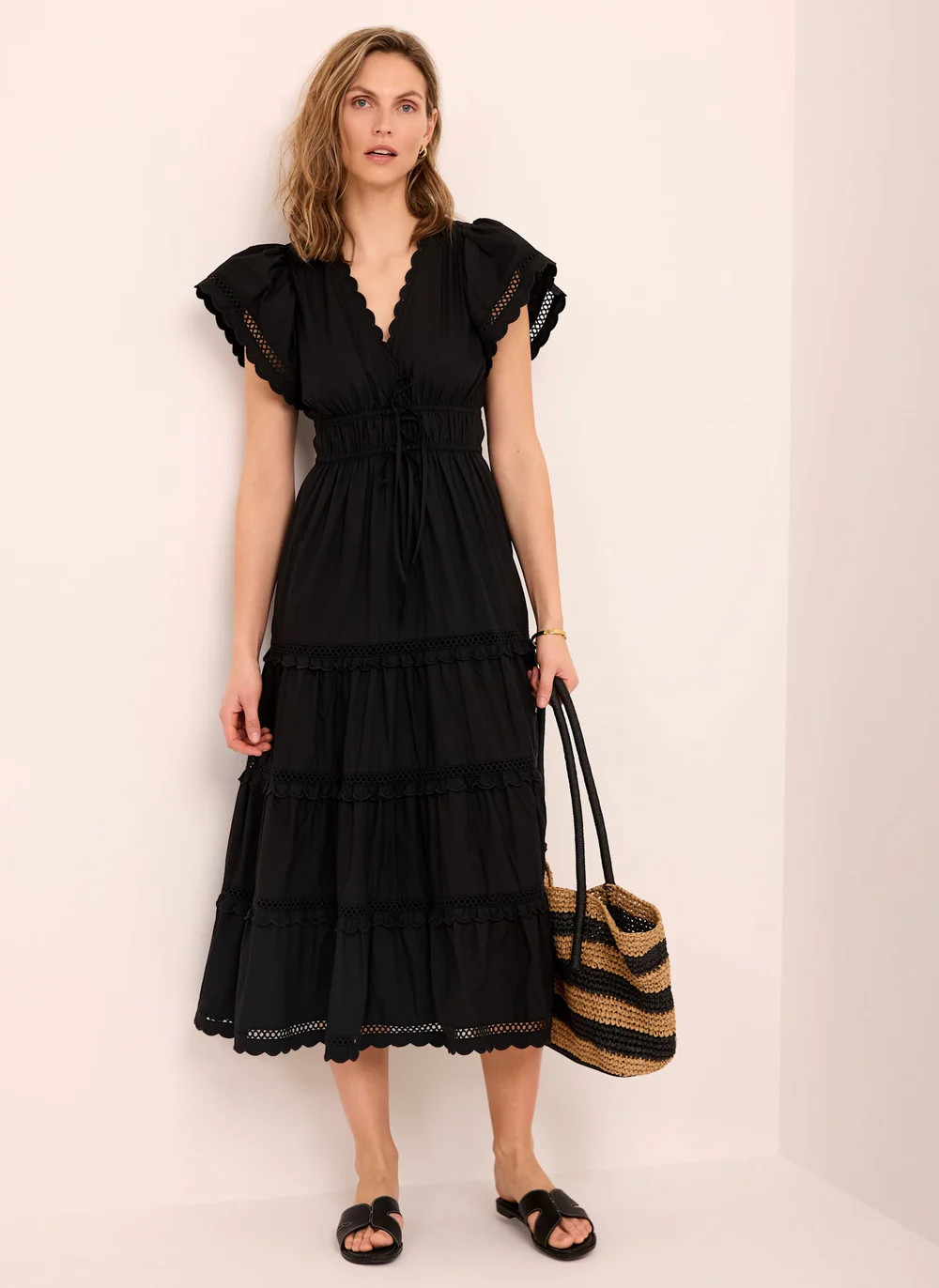 Black Cotton Ruffle Midi Dress | Mint Velvet