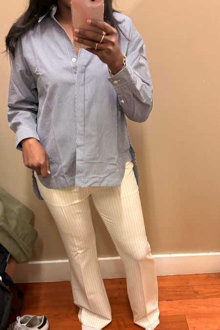 Striped pants oversized shirt wear for Easter or to work you pick white pants blue striped shirt boot cut pants 50% off #sale #easter #pants 

#LTKsalealert #LTKworkwear #LTKstyletip
