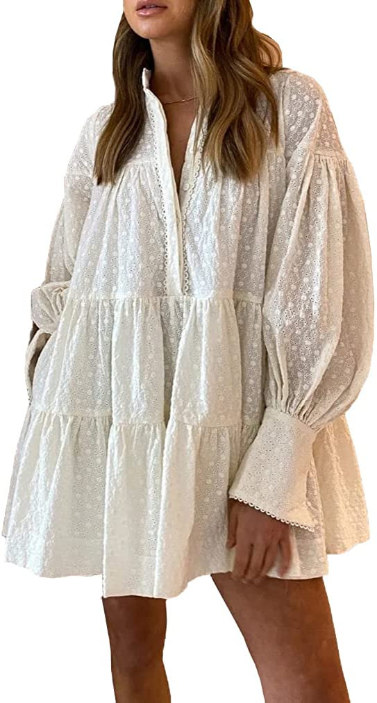 Aox Women Ruffle Sleeve Tunic Midi Dress Flowy Shift Sundress Sweet Babydoll Button Down Swing Sk... | Amazon (US)