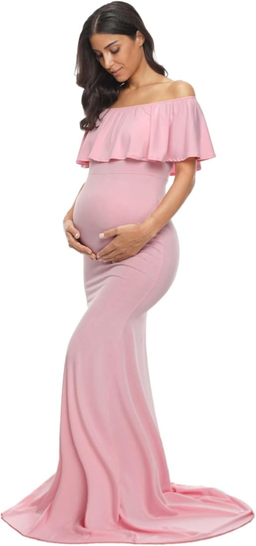 Glampunch Womens Off Shoulder Maternity Dress Ruffles Elegant Slim Gowns Fit Maxi Photography Dre... | Amazon (US)