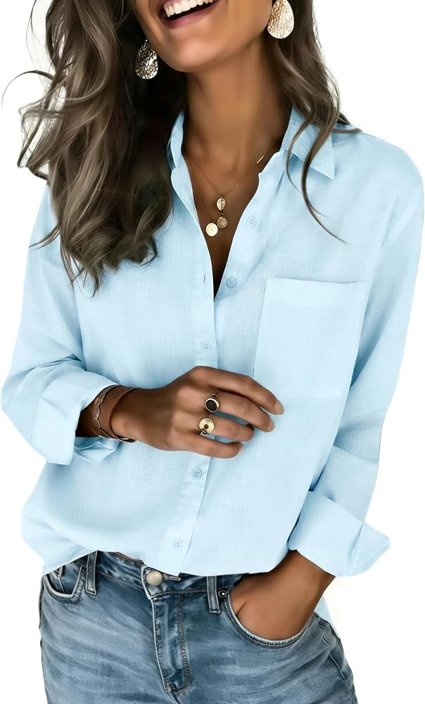 Zeagoo Womens Button Down Shirts Long Sleeve Cotton Gauze Tops Casual Collared Blouses Loose Fit | Amazon (US)