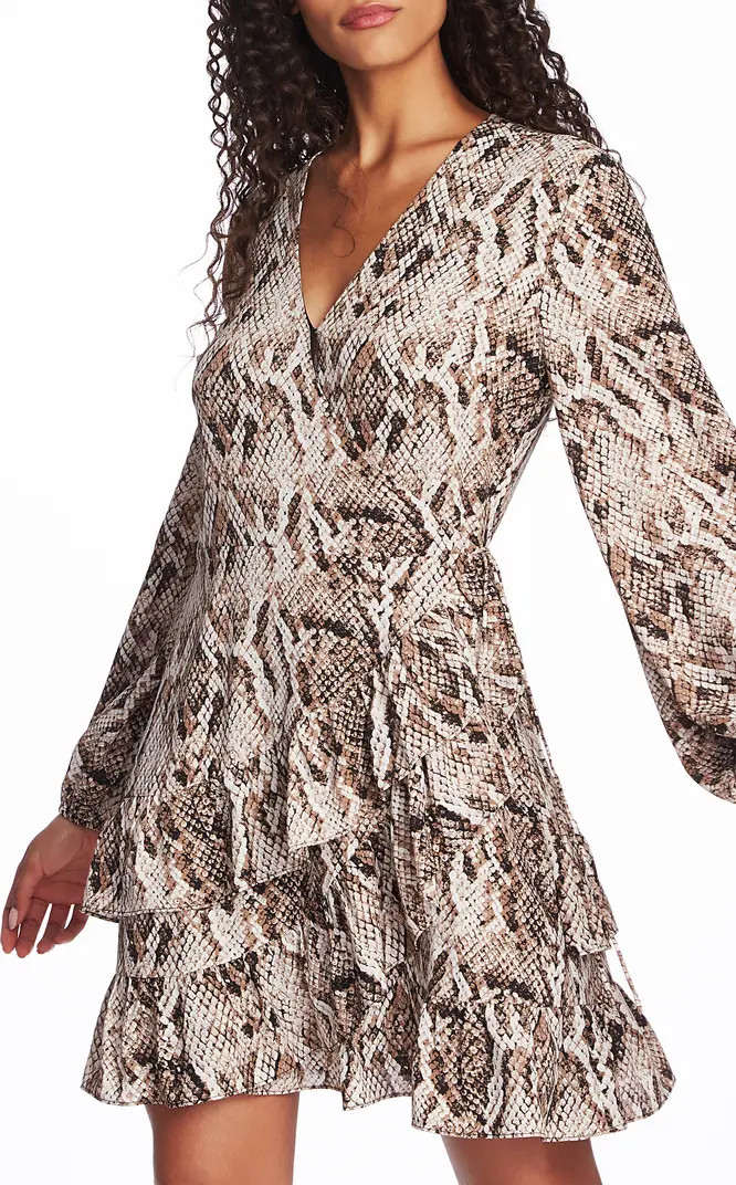 Sultry Snakeskin Print Ruffled Long Sleeve Wrap Dress | Nordstrom