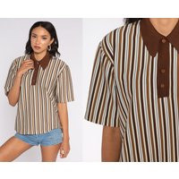 Striped Polo Shirt 70S Brown Half Button Up Collared 1970S Stripes Nerd Retro Vintage Large Xl L | Etsy (US)
