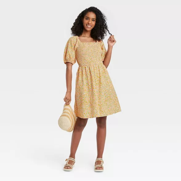 Women's Floral Print Puff Elbow Sleeve Smocked Dress - Universal Thread™ Yellow | Target