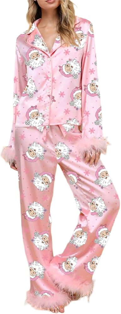 Aopwsrlyi Women's Satin Silk Pajama Set 2 Piece Christmas Pjs Set Feather Trim Long Sleeve Button... | Amazon (US)