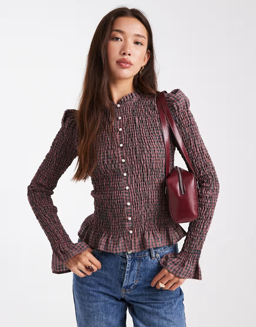 Daisy Street puff sleeve detail shirred button down top in pink plaid | ASOS (Global)
