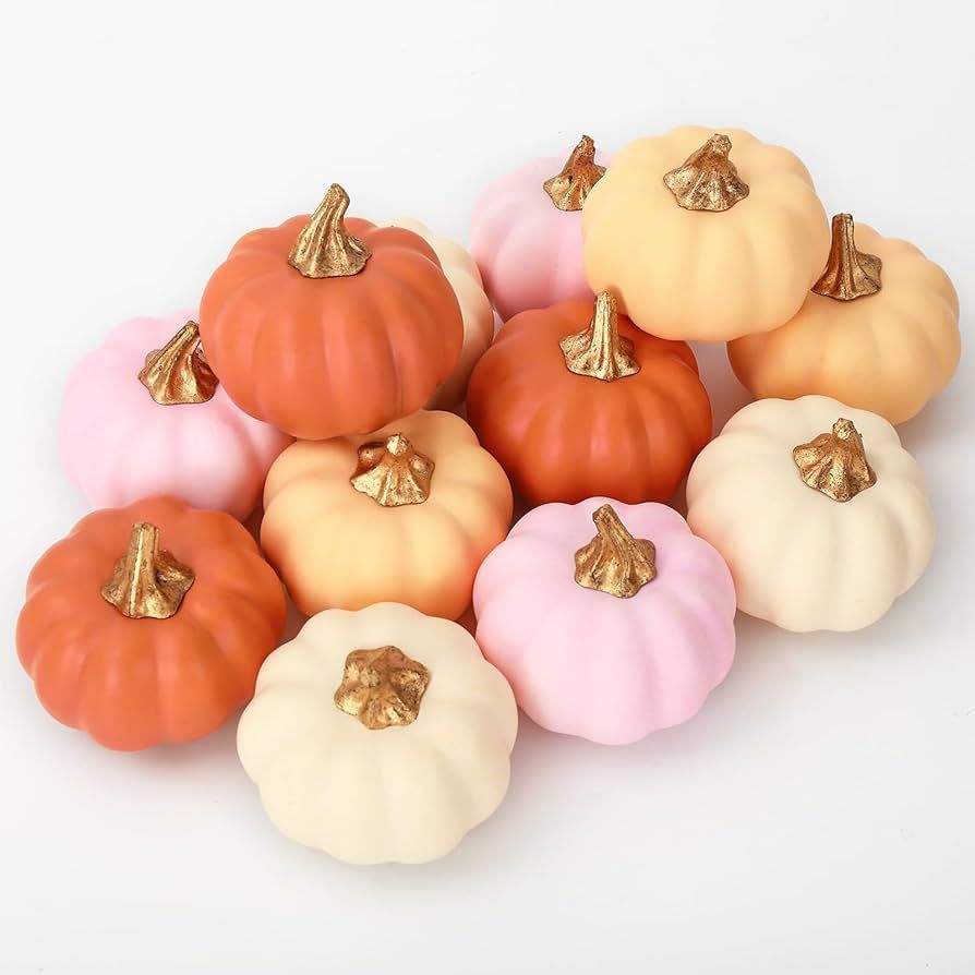 AnyDesign 12Pcs Artificial Pumpkins Fake Foam Pumpkins Mini White Pink Gold Orange Faux Harvest P... | Amazon (US)
