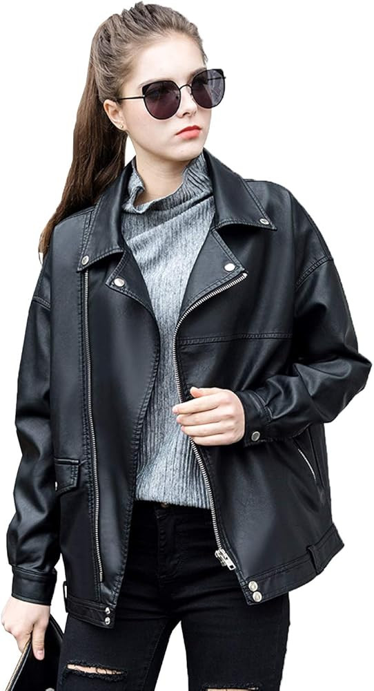 LY VAREY LIN Women Faux Leather Jacket Lapel Collar Motorcycle Zip Up Long Sleeve Motor Biker Short  | Amazon (US)
