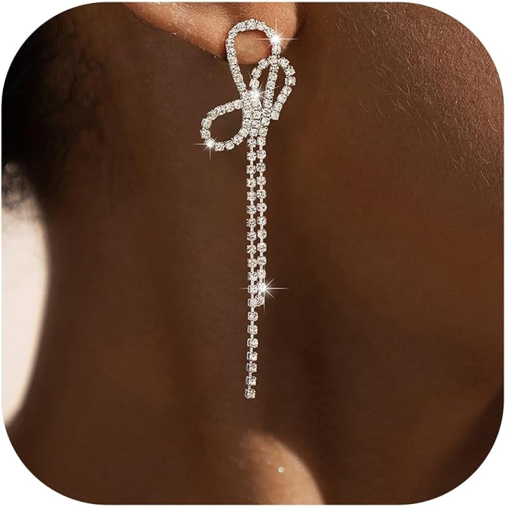 SWEETV Sparkly Rhinestones Earrings for Women, Silver Crystal Bow Drop Dangle Tassel Earrings for... | Amazon (US)