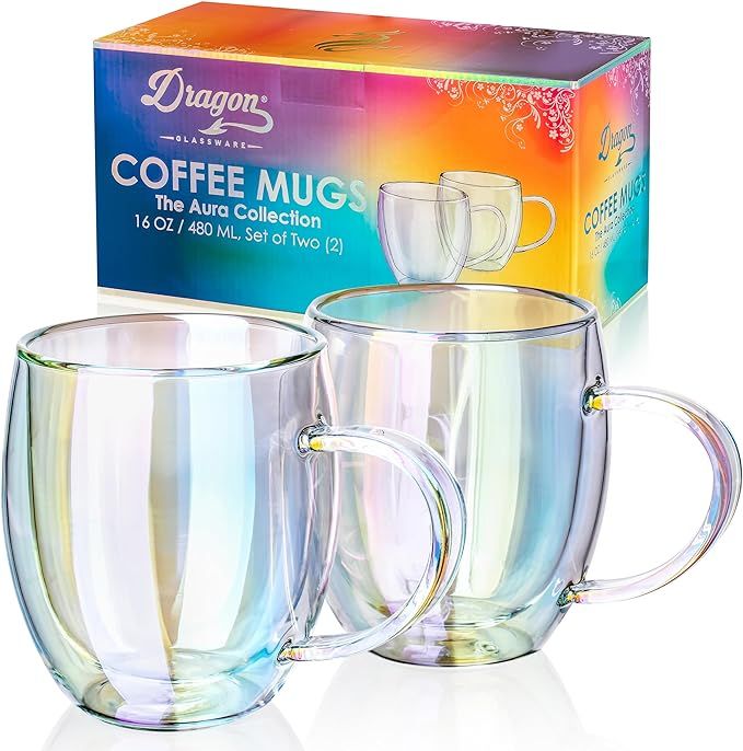 Dragon Glassware Glass Coffee Mugs, Iridescent Double Wall Insulated Cups, Keeps Beverages Hot or... | Amazon (US)