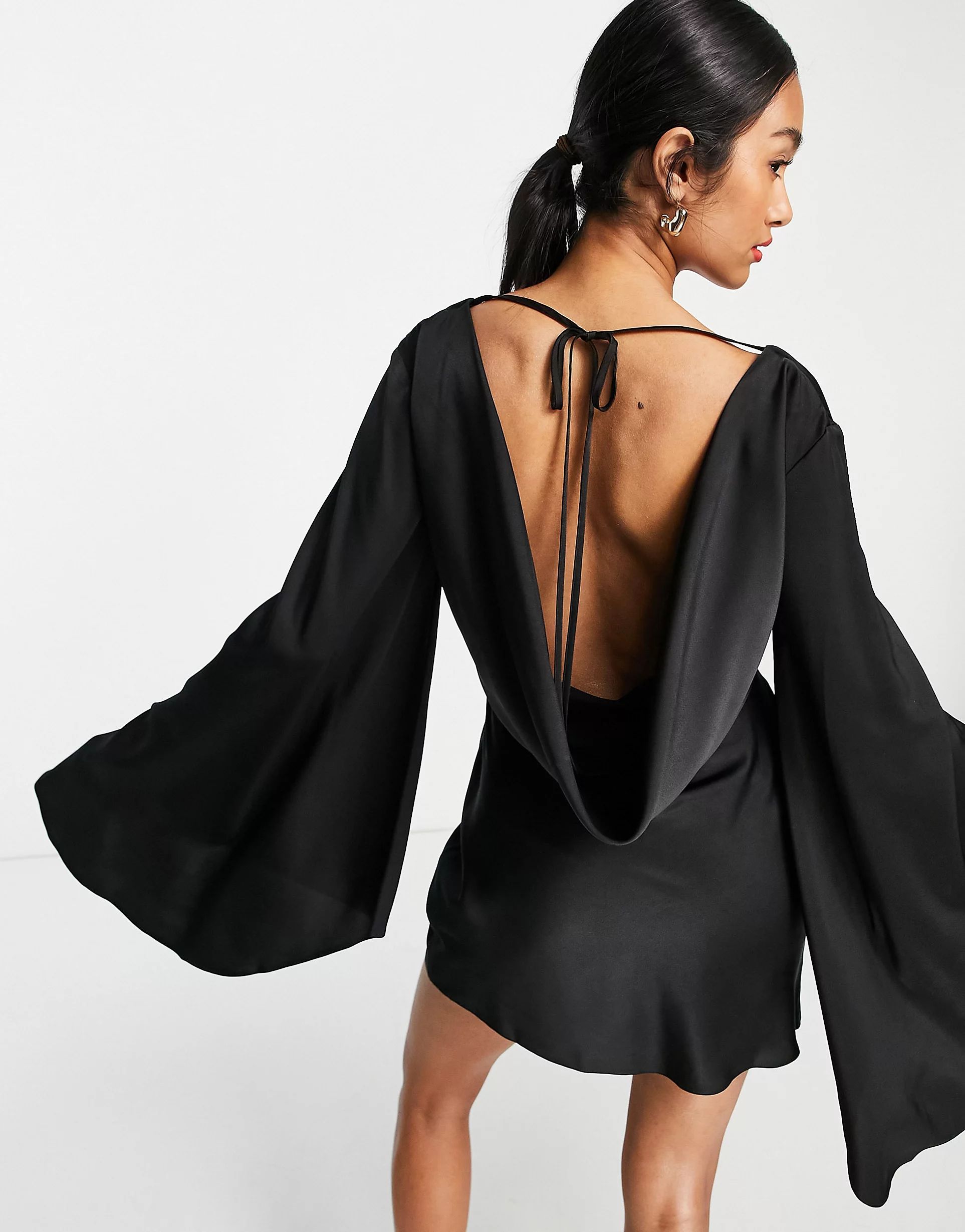 ASOS DESIGN satin cape sleeve mini dress with tie back detail in black | ASOS (Global)