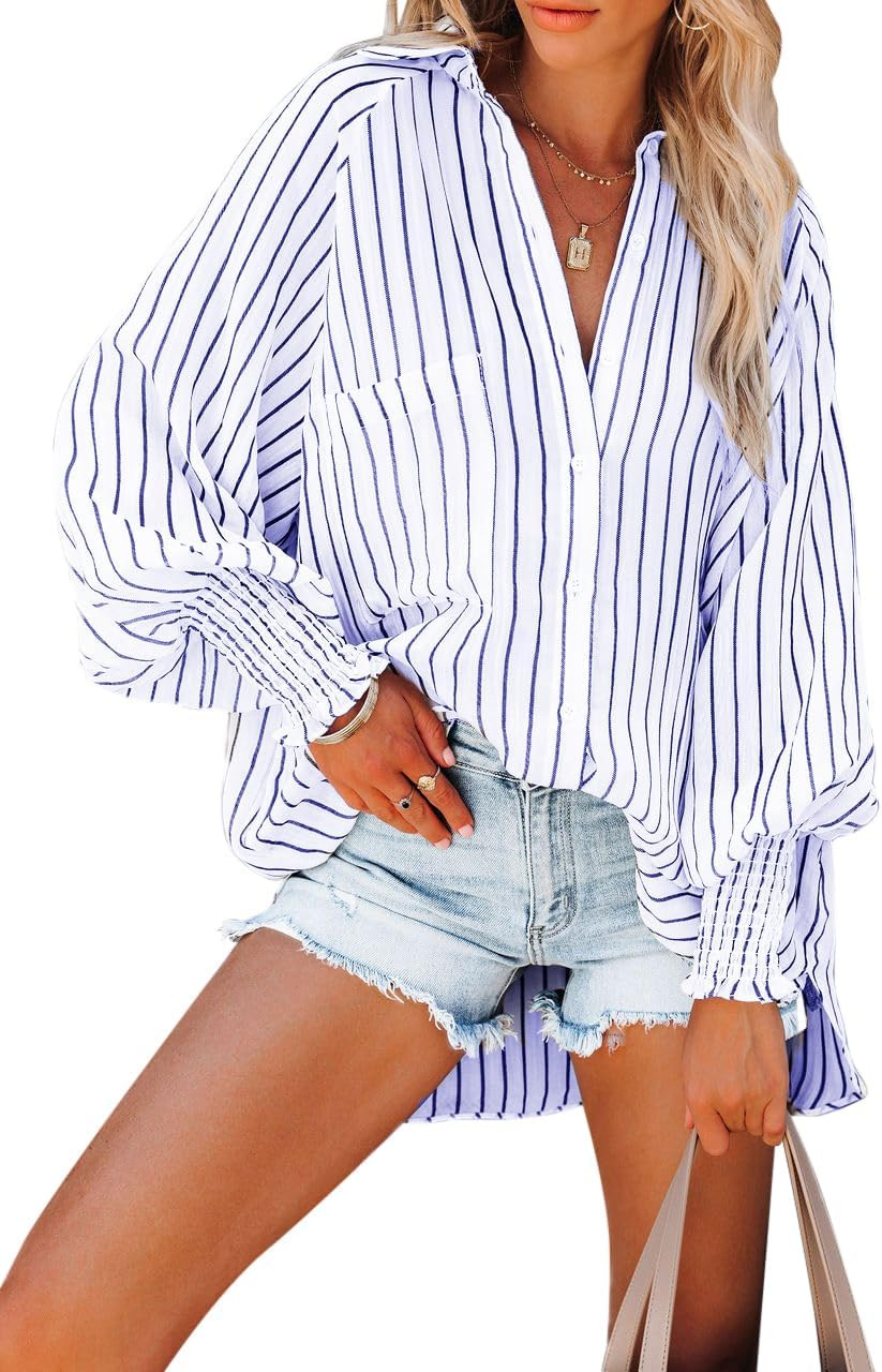 Paintcolors Women's Cotton Pocketed Button Up Shirts Long Sleeves Blouse V Neck Tunics Tops | Amazon (US)