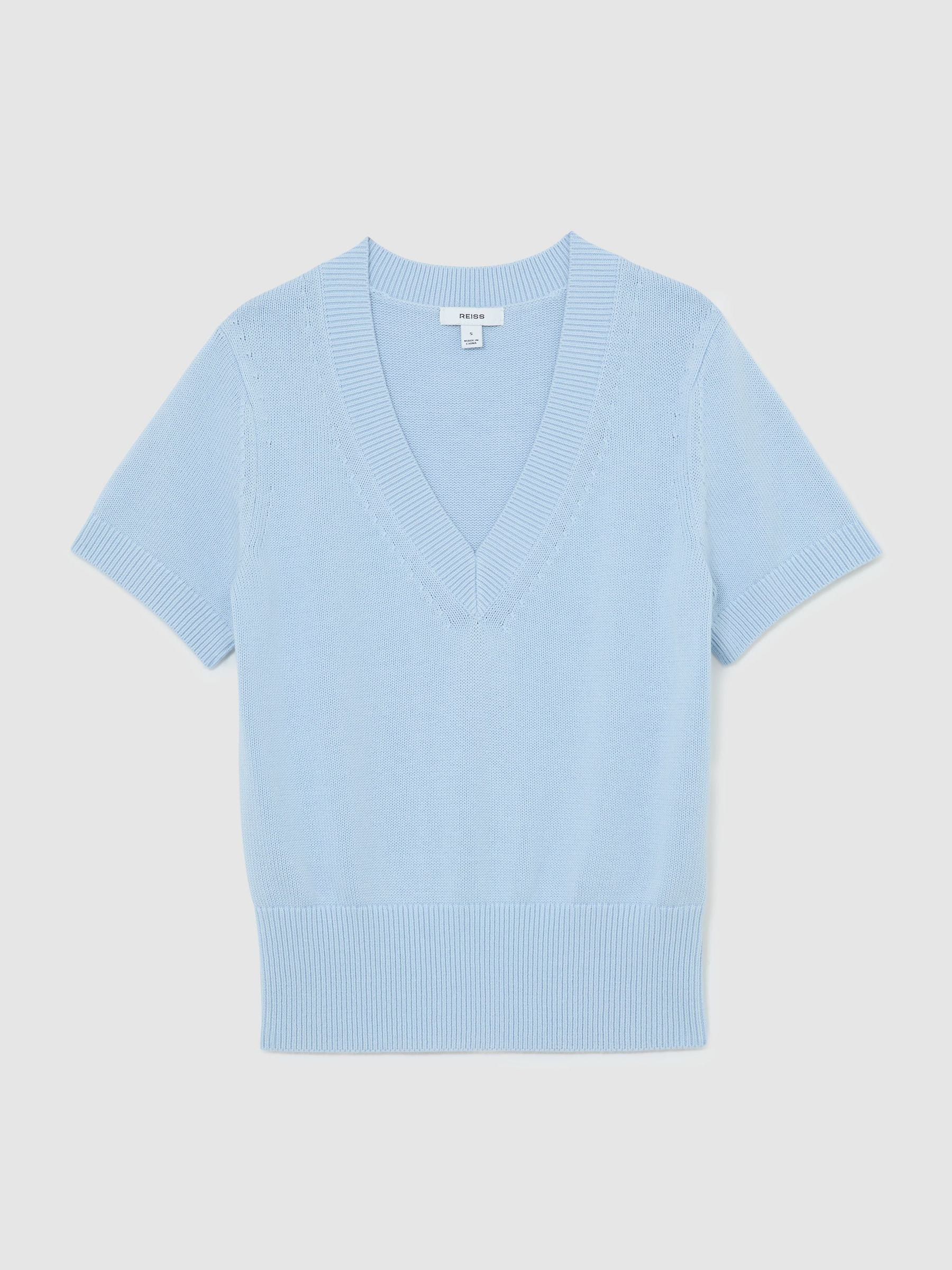 Reiss Reiss Soft Blue Valerie Cotton-Wool Knit V-Neck Top | Next US