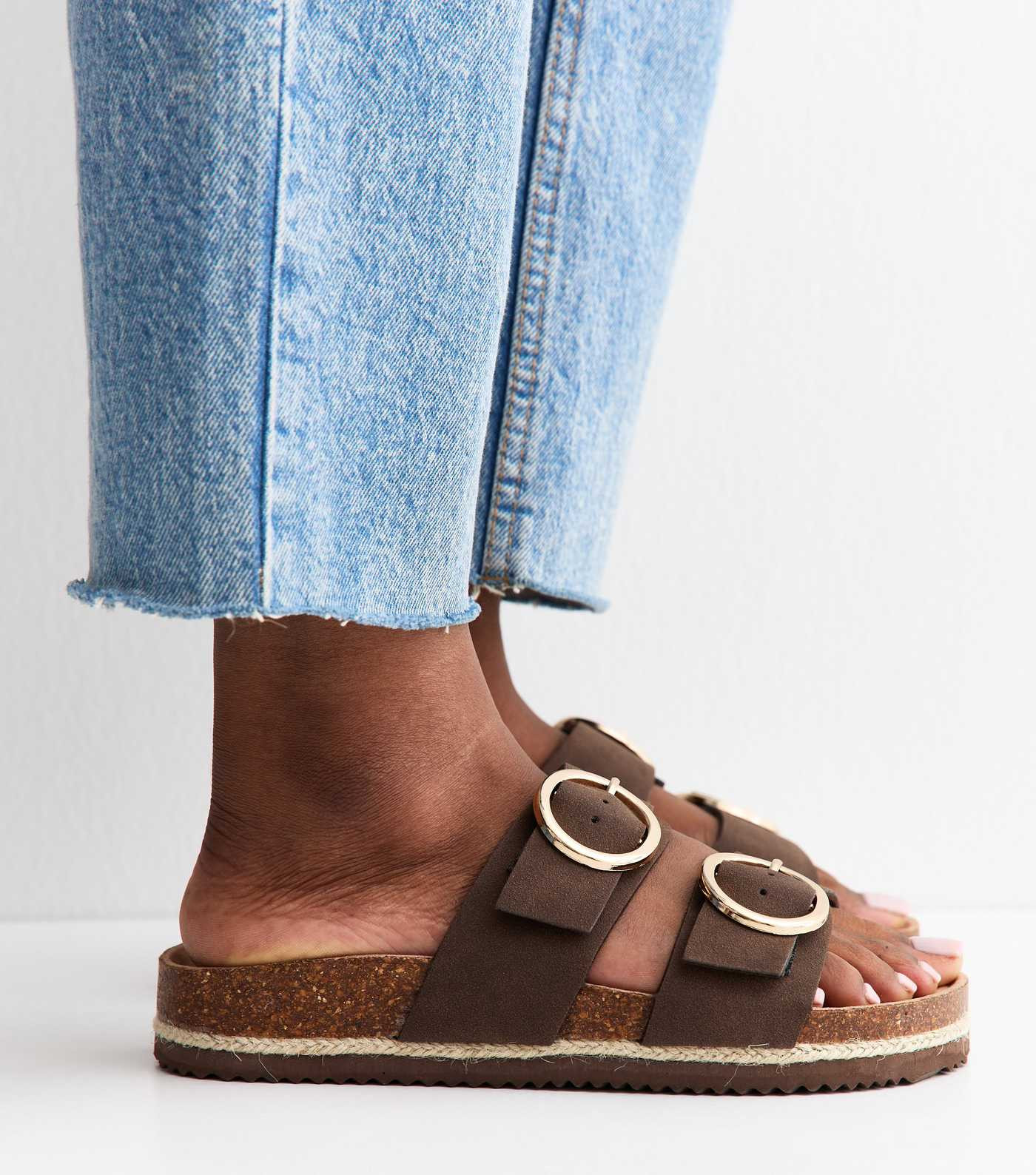 Wide Fit Brown Faux Suede Round Buckle Sandals | New Look | New Look (UK)