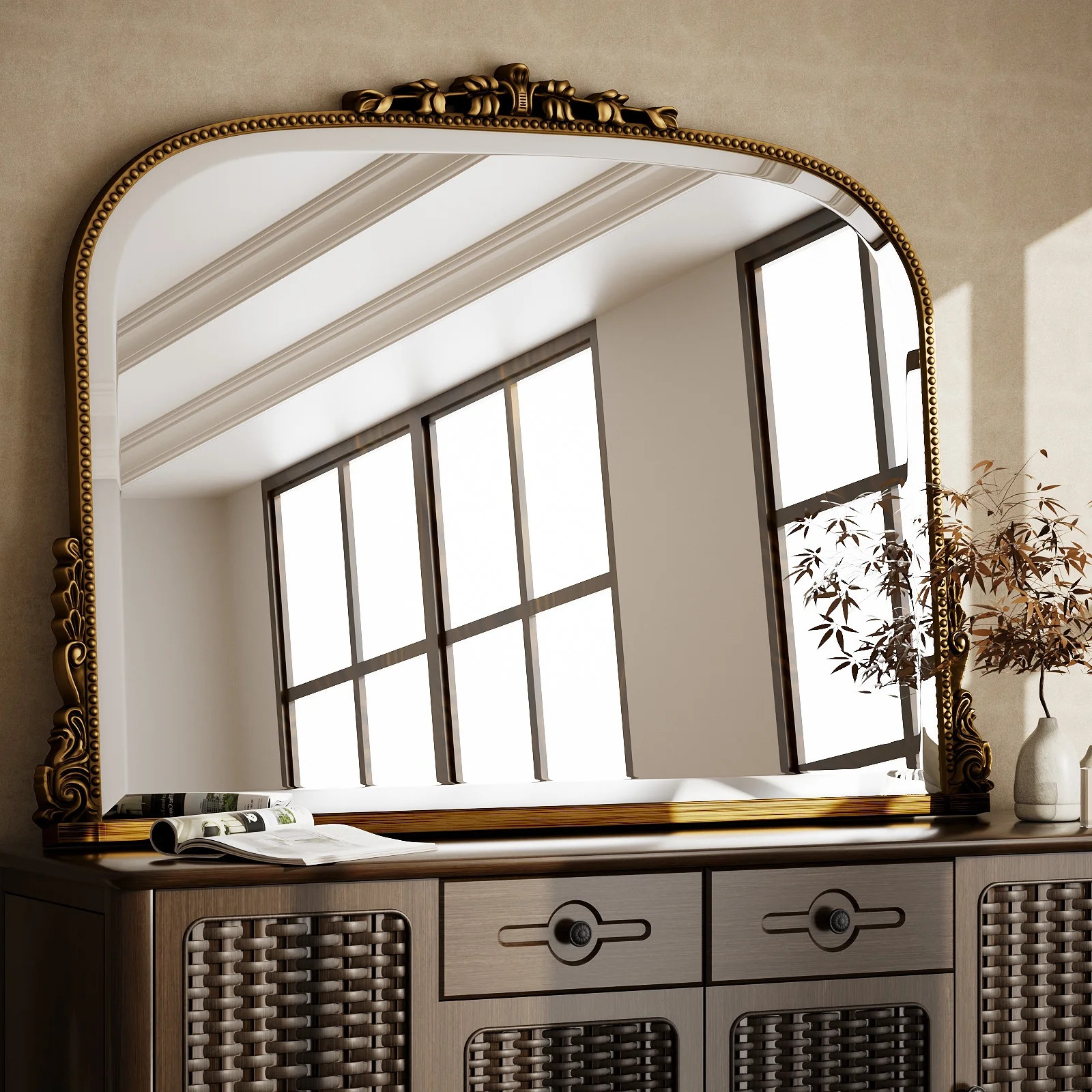 Easy4Home 44"x32" Vintage Mirror Arched Decorative Wall Mirror, Antique Gold | Walmart (US)