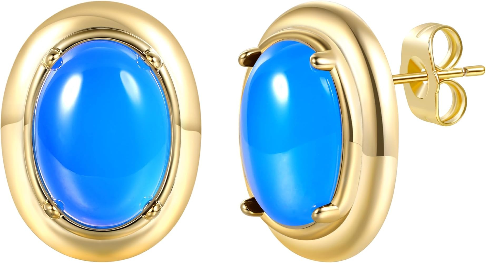 18K Yellow Gold Plated Oval Cut Emerald Agate Large Stud Earrings Ear Jewelry for Women | Amazon (US)