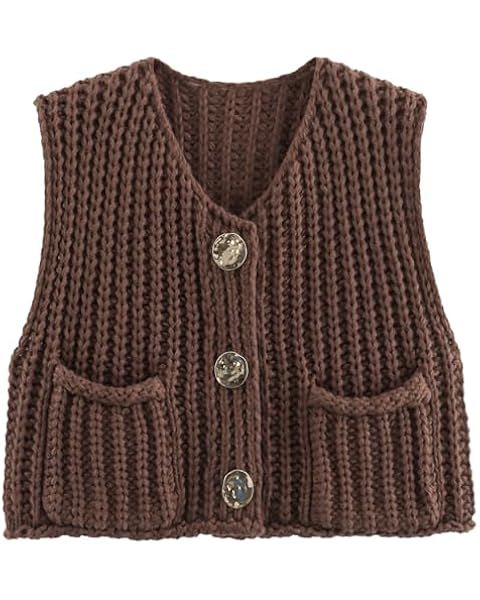 Womens Casual Chunky Knit Vest Gold Button Down Crop Crochet Sleeveless Sweater Vest | Amazon (US)