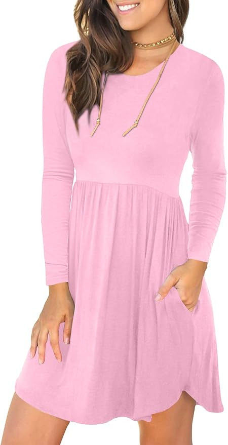 LONGYUAN Womens Long Sleeve Dresses Casual Loose Fit Swing Dress Hide Belly with Pockets | Amazon (US)