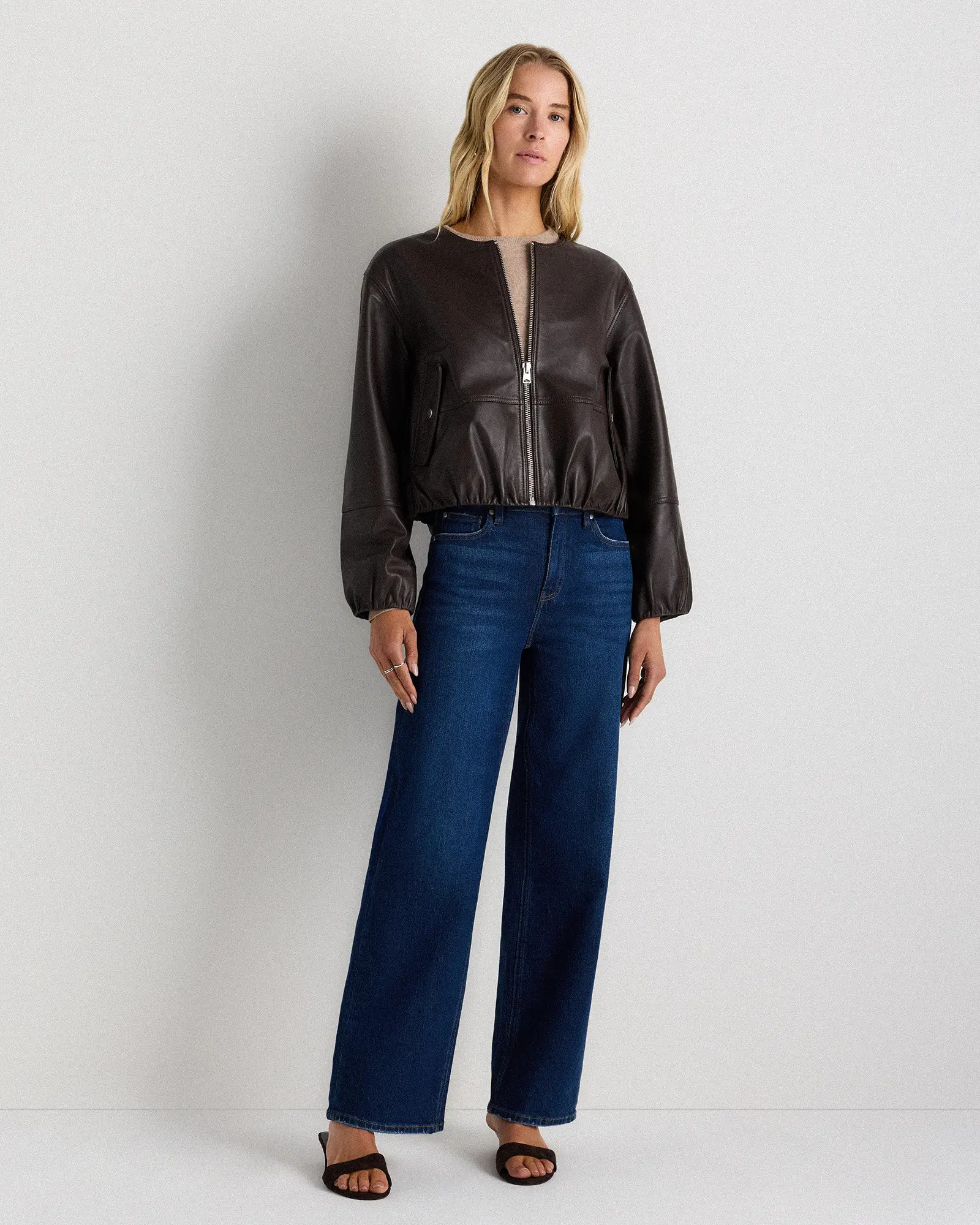 100% Leather Collarless Cropped Jacket | Quince