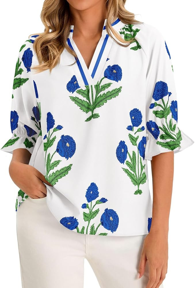 Cicy Bell Womens Boho Floral Blouses Puff Ruffle Sleeve V Neck Summer Shirts Dressy Casual Flowy ... | Amazon (US)