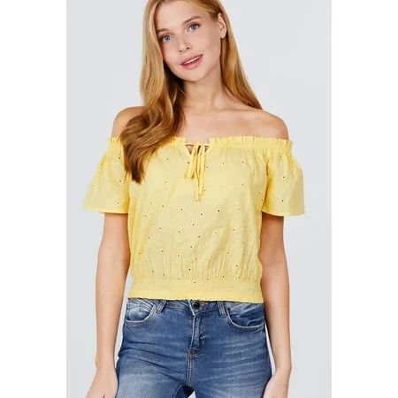 Short Sleeve Off The Shoulder Front Tie Detail Smocked Hem Eyelet Lace Woven Top M | Walmart (US)