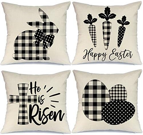 AENEY Easter Pillow Covers 18x18 inch Set of 4 for Easter Decor Black White Buffalo Plaid Check E... | Amazon (US)