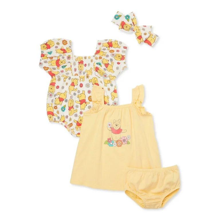 Winnie the Pooh Baby Girl Sundress, Romper and Diaper Cover Outfit Set with Headband, Sizes 0/3M-... | Walmart (US)