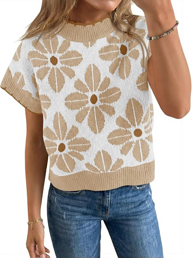 Saodimallsu Womens Floral Sweater Tops Short Sleeve Vintage Crew Neck Loose Knit Summer Pullover ... | Amazon (US)