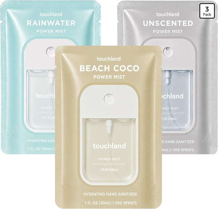 Touchland Power Mist Hydrating Hand Sanitizer Spray, DYE FREE 3-PACK (Rainwater, Unscented, Beach Coco), 500-Sprays each, 1FL OZ (Set of 3) | Amazon (US)