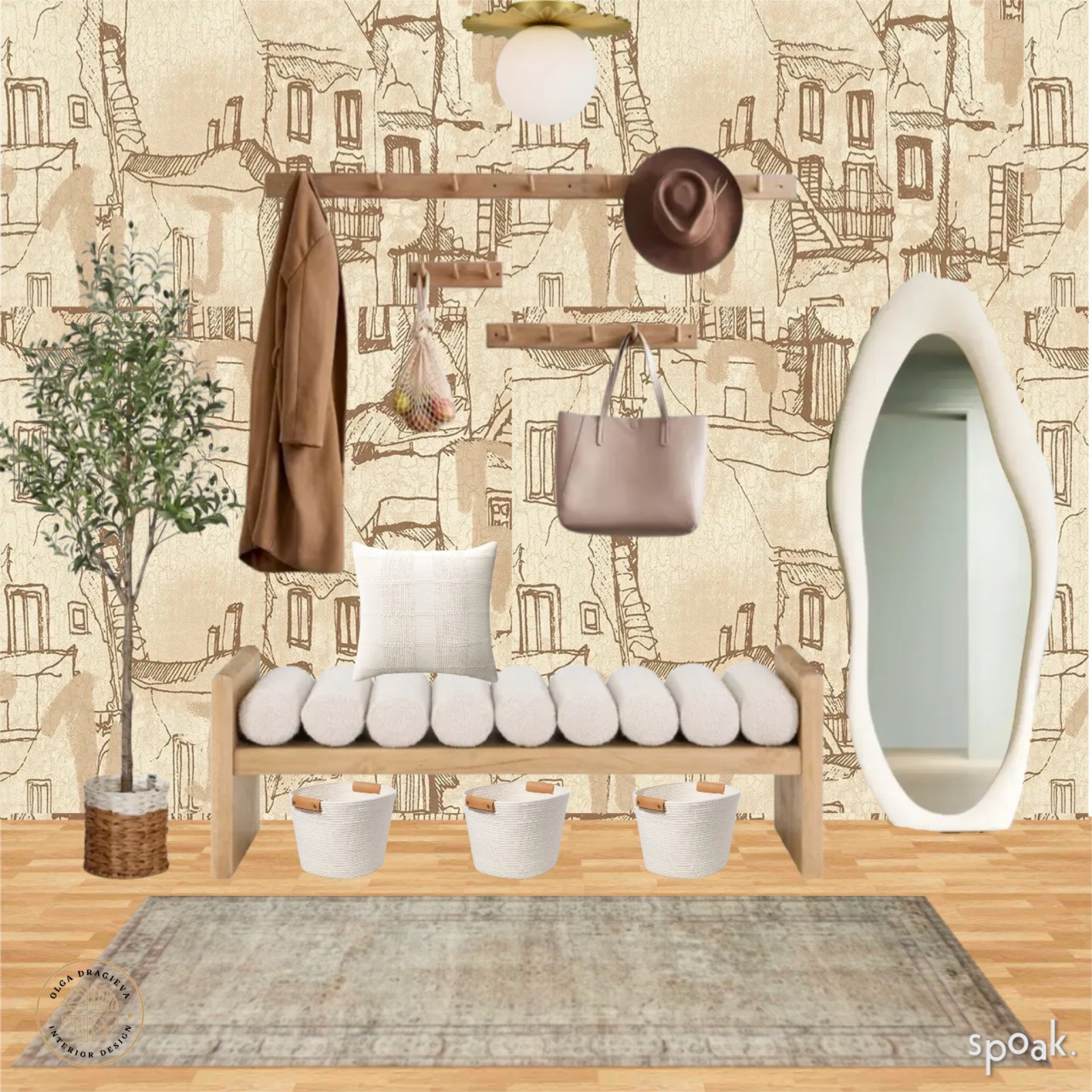 Tuscan Entryway ideas! I love the Tuscan villa wallpaper from Wayfair, the irregular white full length mirror is also from Wayfair. The boucle bench is gorgeous as well. Some wall hooks from West Elm and an olive tree on sale from Walmart. This is such a great price! The vintage rug is from Loloi. 

#LTKhome #LTKSeasonal #LTKSpringSale