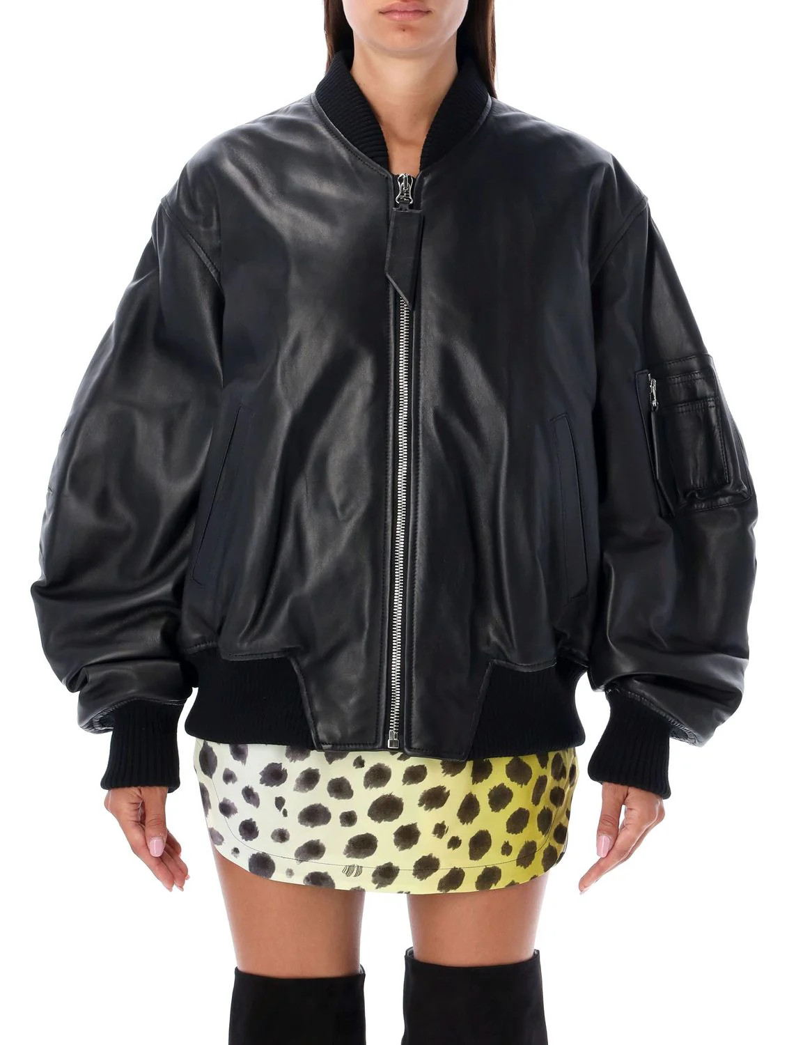 The Attico Women's Anja Leather Bomber in Black | Size 40 | 24A231WCB04L054 Color 100 | LOZURI