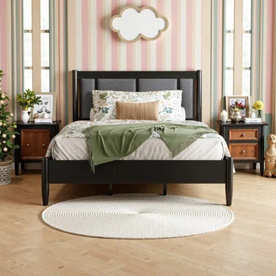 Solid Wood Bed Frame With Upholstered Headboard And Metal Handles Heavy Duty 500 Lbs Support | Wayfair North America
