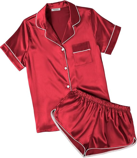 Ekouaer Womens Silk Satin Pajamas Short Sleeve PJS Shorts Set Soft Button Down Sleepwear 2 Piece ... | Amazon (US)