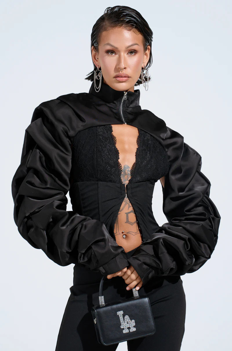 AKIRA Cora Satin Bolero | Black | Size XL | AKIRA