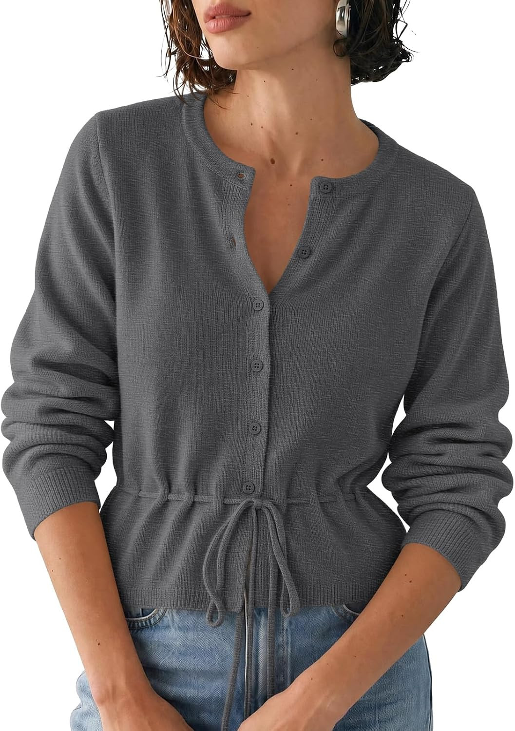 Saodimallsu Womens Cropped Cardigan Button Up Tie Crew Neck Fall Sweaters | Amazon (US)