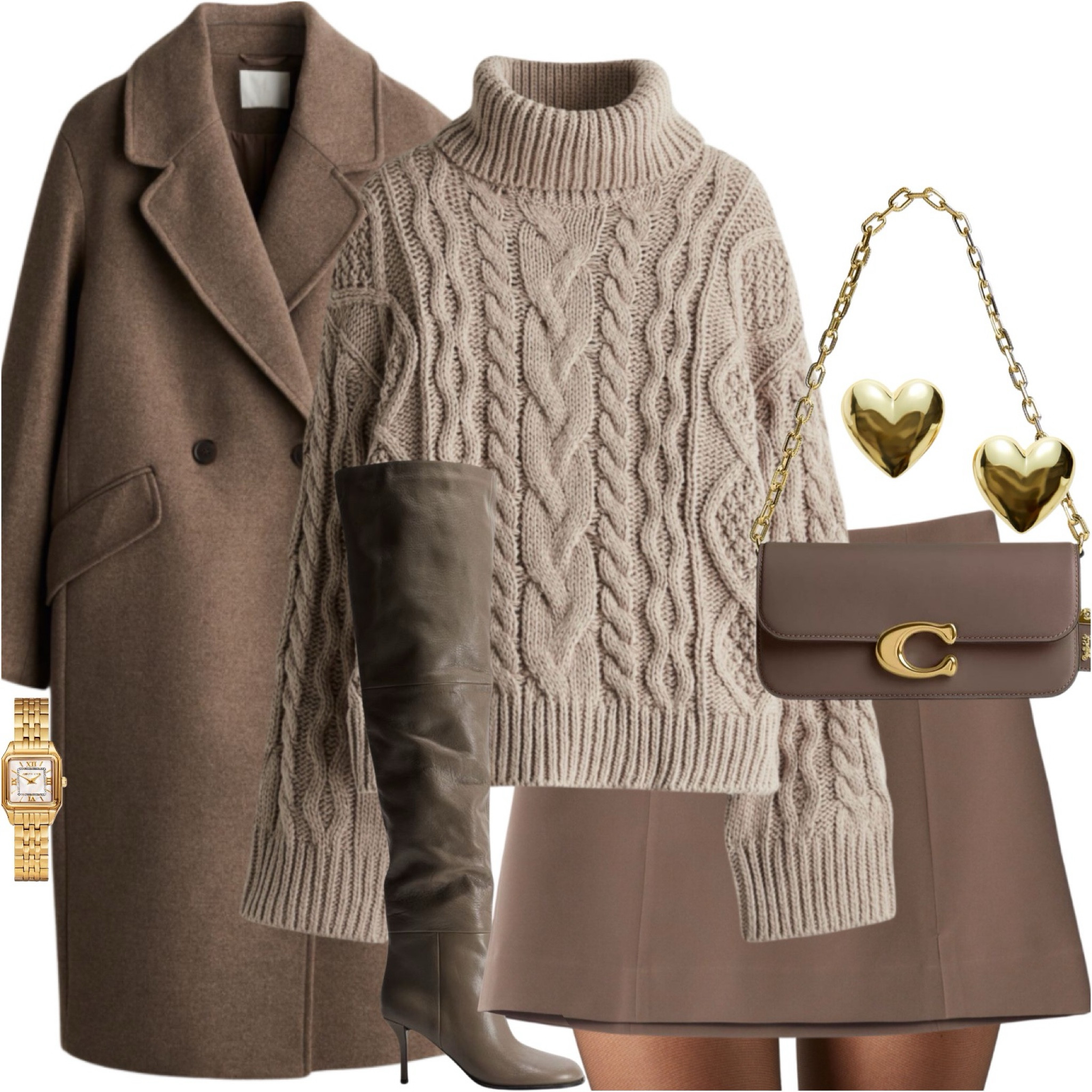 Double breasted wool coat, cable knit turtleneck jumper, mini skirt, Coach bag, gold jewellery, tights & over the knee high heel boots. Autumn/winter outfit, neutral outfit.#LTKautumn 

#LTKstyletip #LTKwinter