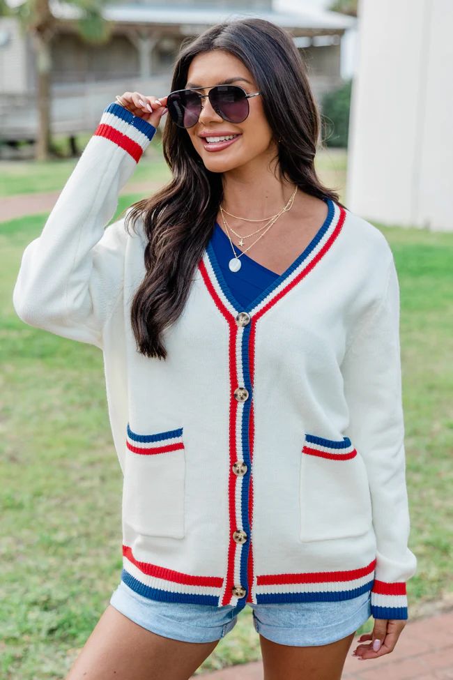 My Favorite Holiday Ivory Multi Striped Trim Cardigan | Pink Lily