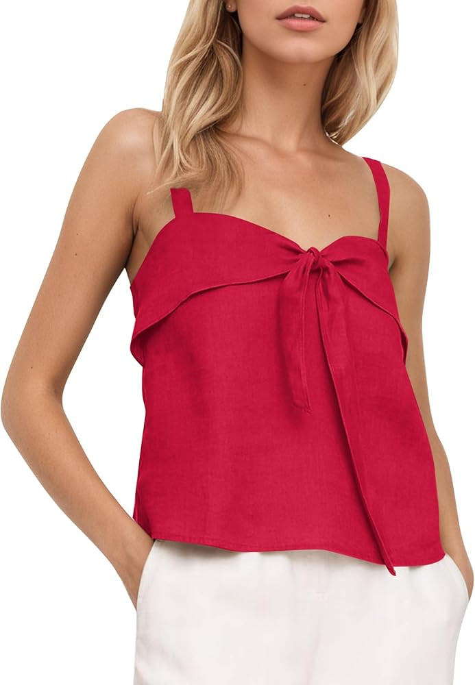 Women Summer Linen Tie Front Tank Top Sweetheart Neckline Sleeveless Backless Cute Cami Going Out... | Amazon (US)