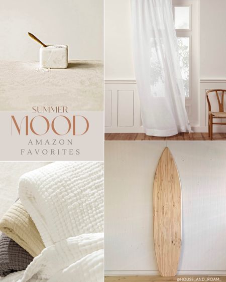 The linen curtain that is affordable and beautiful in person! Also this salt dish is beautiful to leave out on your counter. Muslim blankets are a must have and this surf board will make a statement hung as artwork! #surf #linen #curtains #summerdecor #muslin #summerbedding