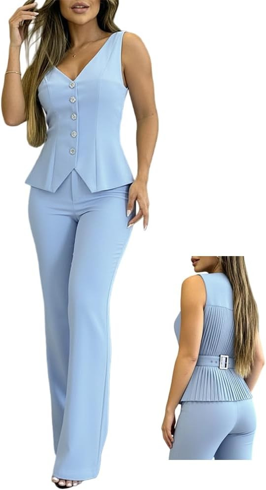 CHICME Women's 2 Piece Outfits Plain Sleeveless Button V-Neck Vest Top and Wide Leg Pants Set Bus... | Amazon (US)