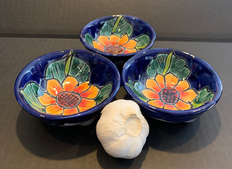 Set of 3 Sunflower Salsa Monjitas Talavera Bowls Cobalt Blue Small Mexican Folk Art Handmade Cute... | Etsy (US)