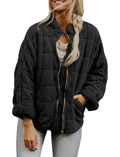 ROJZR Womens Dolman Quilted Jackets Lightweight Full Zip Long Sleeve Winter Warm Outerwear Coats with Pockets(Black-S) | Amazon (US)