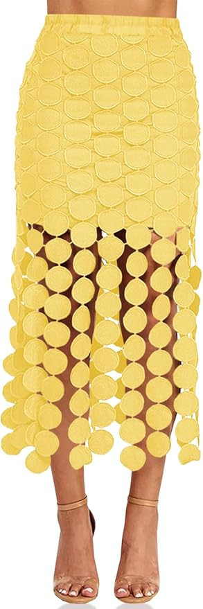 Cicy Bell Womens Hollow Out Maxi Skirts Summer High Waisted Boho Fringe Hem Skirt Beach Vacation ... | Amazon (US)